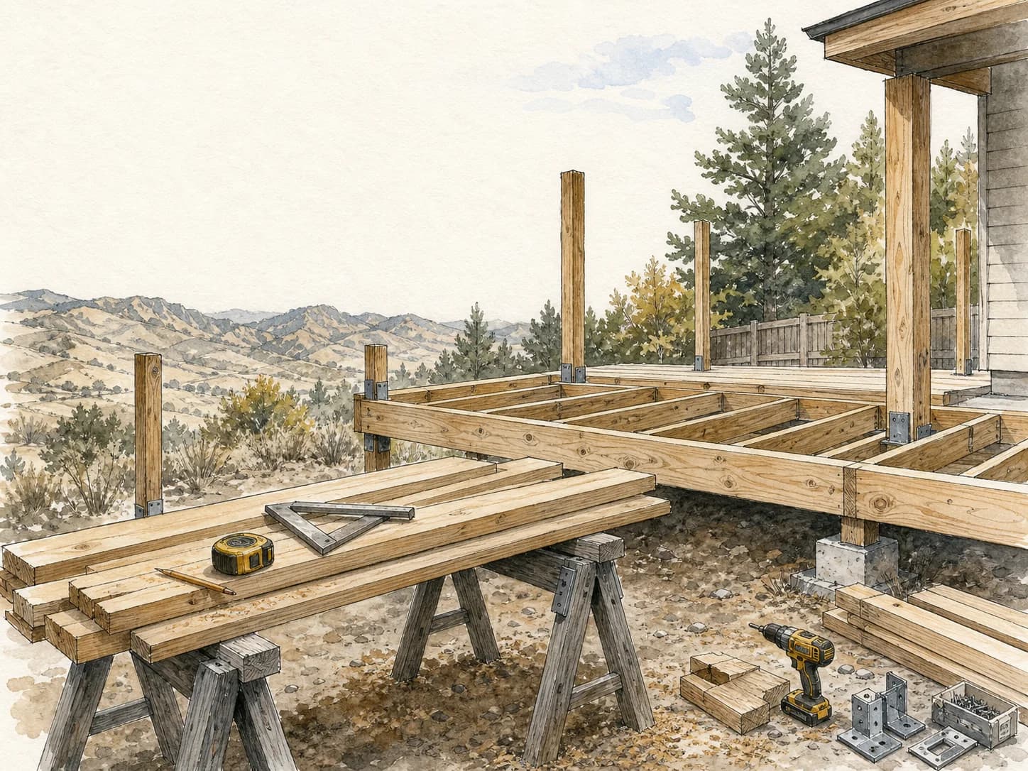Hand-drawn illustration of deck framing, lumber, and measurement tools