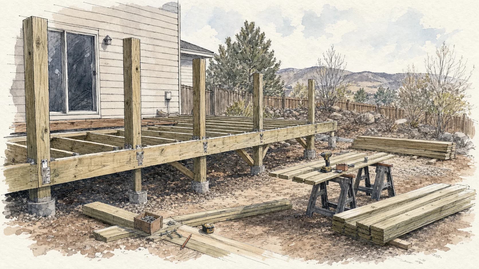 Hand-drawn illustration of residential deck framing in progress with lumber and tools