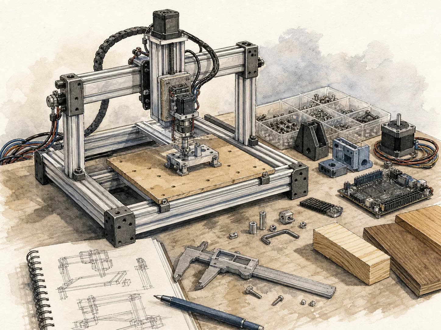 Hand-drawn illustration of an automation prototype with electronics and wood samples