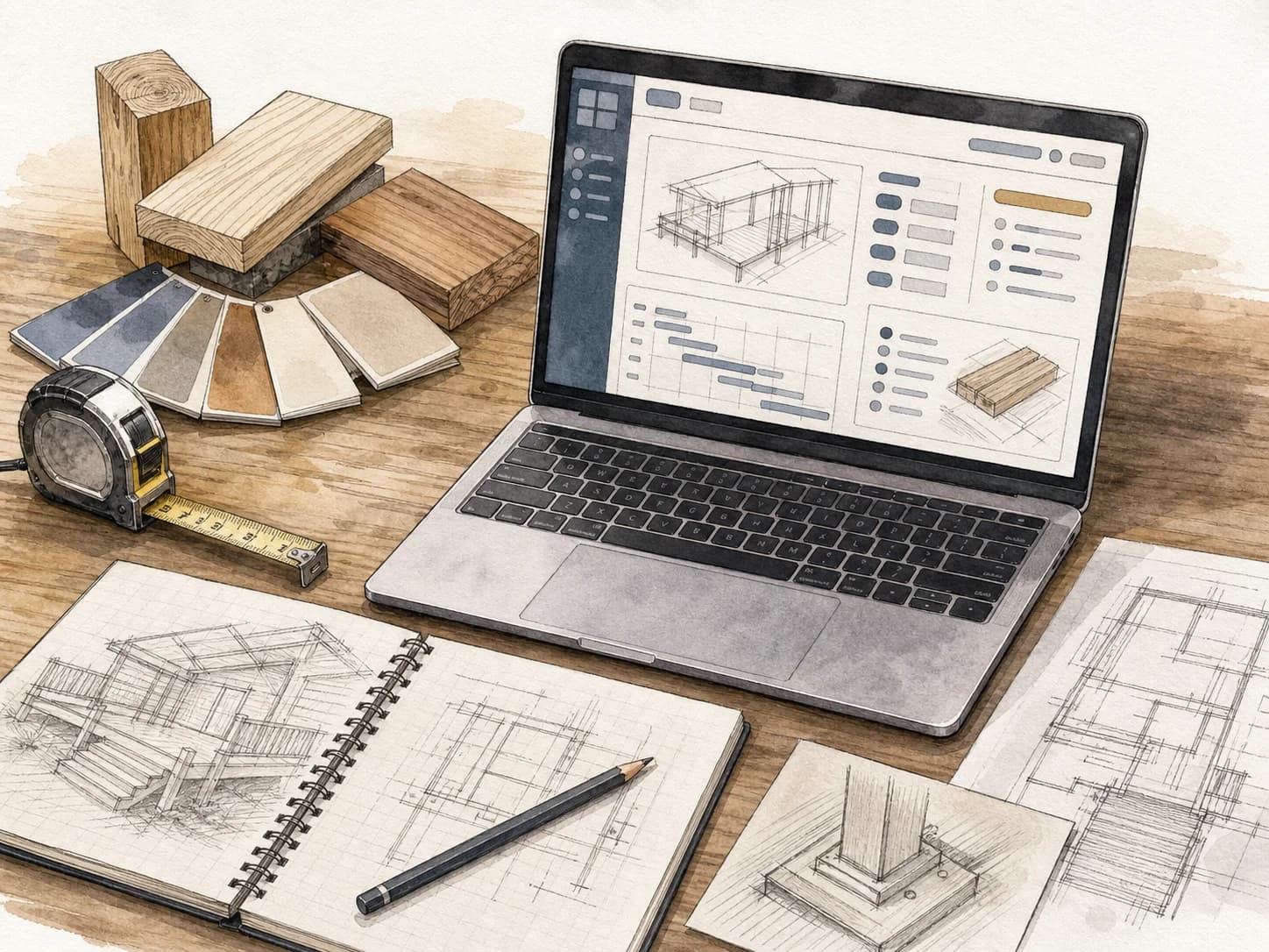 Hand-drawn illustration of construction planning software beside lumber and measuring tools